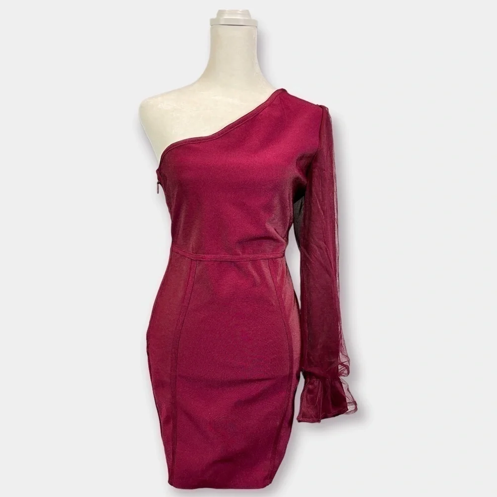 12th Twelfth Love Mini One Sleeve Dress Burgundy Maroon Size Medium - Picture 2 of 8